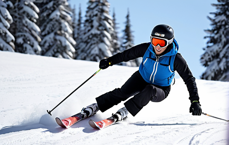 **
A beginner skier struggling to turn on a gentle, snow-covered slope. The skier is leaning too far back, skis are crossed, and the expression is one of uncertainty. Snowflakes are visible, creating a slightly blurry, action-shot feel. Focus on conveying the initial challenges of learning to ski, emphasizing the awkwardness and lack of confidence. A qualified ski instructor should be on the shot with the beginner skier.
**