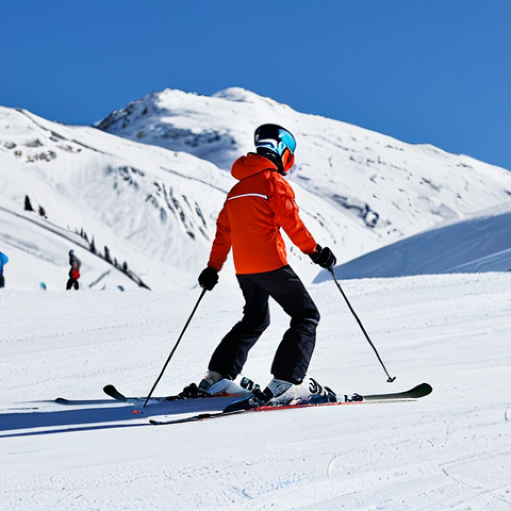 A professional adult ski instructor in a modern, fully clothed, modest ski suit, demonstrating a turning technique on a sunny, snowy mountain slope. The instructor is in a natural, balanced pose, clearly showing the movement with their body, while an adult student, also in appropriate, professional ski attire, stands attentively nearby, observing the demonstration. The background features other distant skiers and clear blue sky. Professional photography, high resolution, detailed, soft natural light, perfect anatomy, correct proportions, well-formed hands, proper finger count, natural body proportions, safe for work, appropriate content, fully clothed, professional, family-friendly.