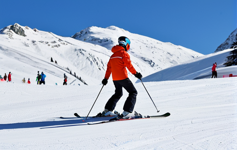 A professional adult ski instructor in a modern, fully clothed, modest ski suit, demonstrating a turning technique on a sunny, snowy mountain slope. The instructor is in a natural, balanced pose, clearly showing the movement with their body, while an adult student, also in appropriate, professional ski attire, stands attentively nearby, observing the demonstration. The background features other distant skiers and clear blue sky. Professional photography, high resolution, detailed, soft natural light, perfect anatomy, correct proportions, well-formed hands, proper finger count, natural body proportions, safe for work, appropriate content, fully clothed, professional, family-friendly.