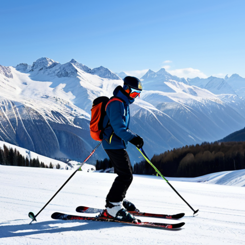 A professional ski instructor, fully clothed in winter ski gear, giving a lesson to a beginner on a gentle, snow-covered slope in the Russian Alps.  The background features a clear blue sky and snow-capped mountains. Appropriate content, safe for work, professional, perfect anatomy, correct proportions, natural pose.