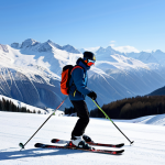 A professional ski instructor, fully clothed in winter ski gear, giving a lesson to a beginner on a gentle, snow-covered slope in the Russian Alps.  The background features a clear blue sky and snow-capped mountains. Appropriate content, safe for work, professional, perfect anatomy, correct proportions, natural pose.