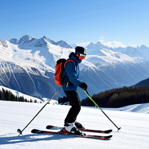 Home 12 A professional ski instructor, fully clothed in winter ski gear, giving a lesson to a beginner on a gentle, snow-covered slope in the Russian Alps. The background features a clear blue sky and snow-capped mountains. Appropriate content, safe for work, professional, perfect anatomy, correct proportions, natural pose.