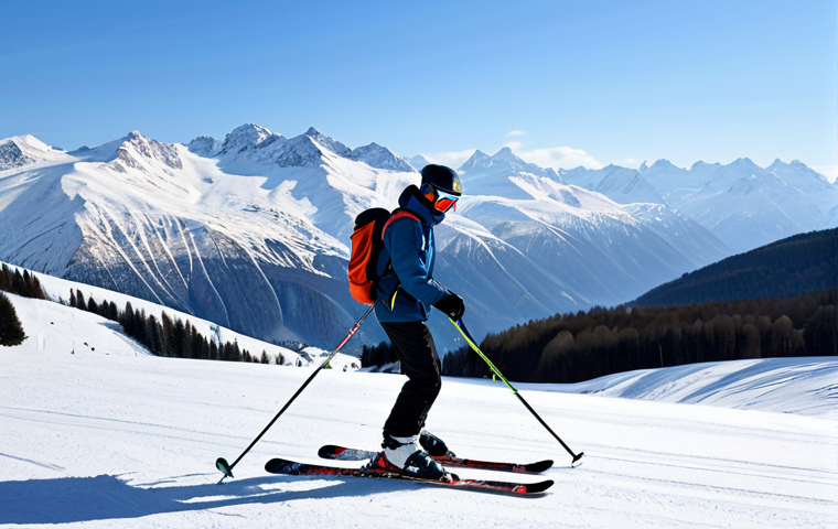 A professional ski instructor, fully clothed in winter ski gear, giving a lesson to a beginner on a gentle, snow-covered slope in the Russian Alps.  The background features a clear blue sky and snow-capped mountains. Appropriate content, safe for work, professional, perfect anatomy, correct proportions, natural pose.