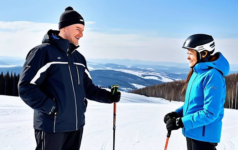 스키 강사와 클라이언트 관계 구축 - Beginner Lesson**
A ski instructor, fully clothed in winter sports gear (jacket, pants, gloves, hel...