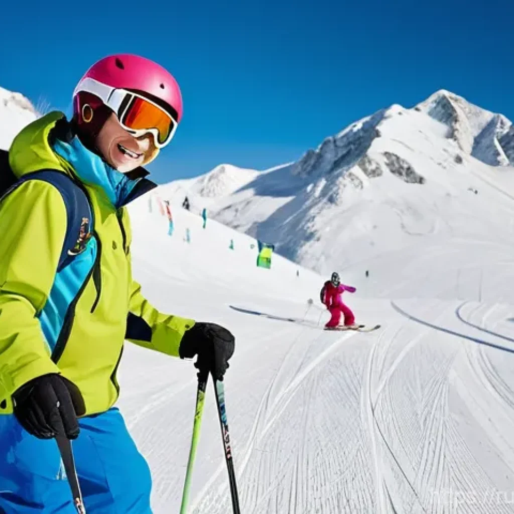 스키 강사의 업무와 가족 생활 균형 - **Prompt:** A dynamic shot of a male or female ski instructor, dressed in a professional, brightly c...