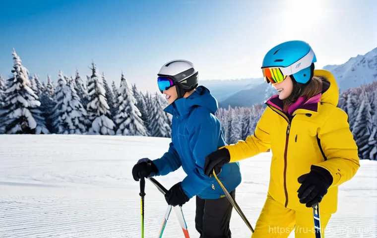 스키 강사의 실기 연습 과정 - **Prompt:** A warm and inviting scene featuring a female ski instructor patiently guiding two beginn...