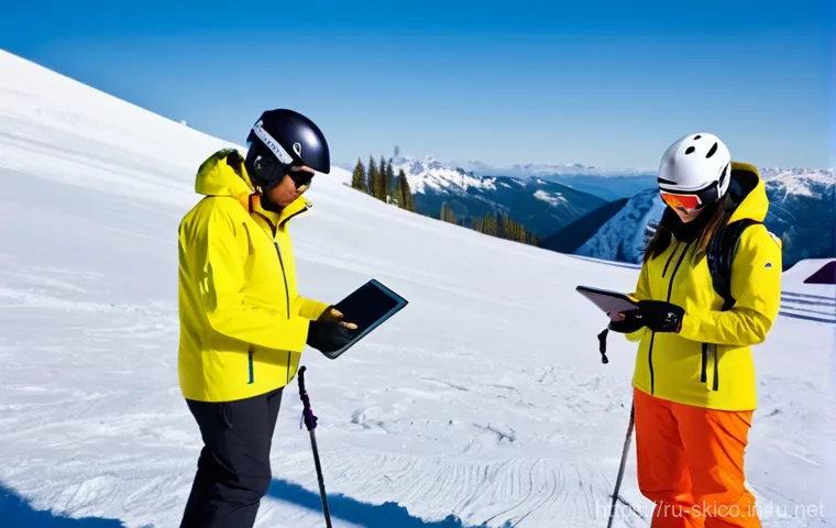스키 강사의 팀원 간 협력 사례 - **"A team of diverse ski and snowboard instructors, both male and female, in their professional, bri...