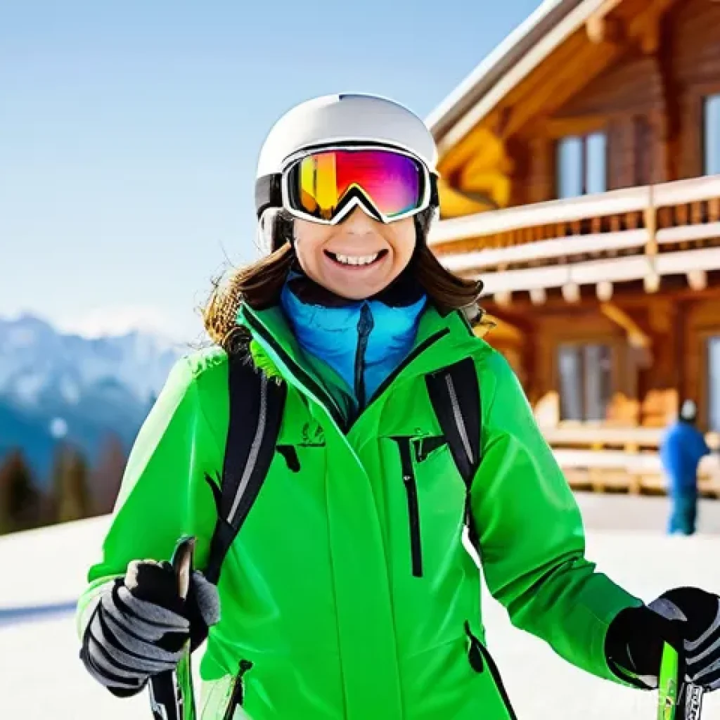 스키 강사의 초보자 대상 안전 수업 사례 - **Prompt:** A cheerful, young adult beginner skier, dressed in vibrant, multi-layered winter ski clo...