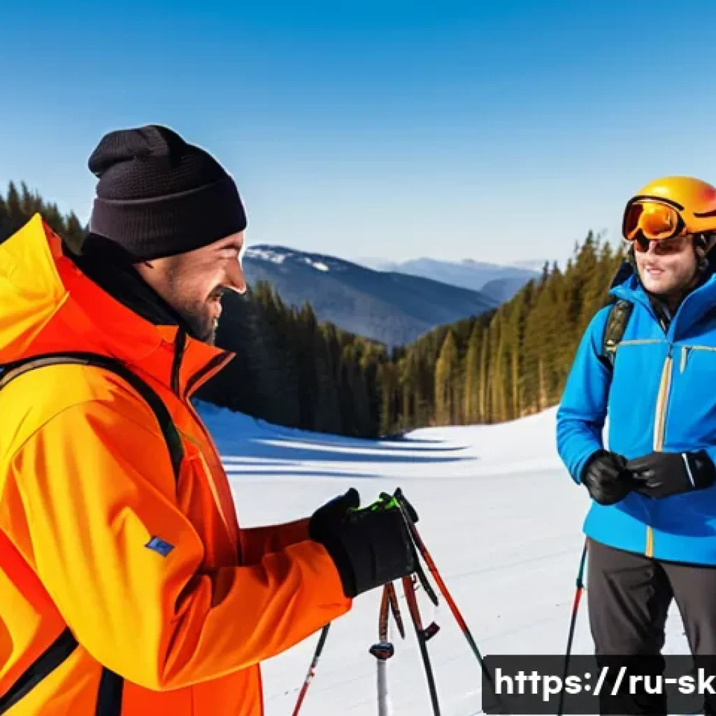 스키 강사의 업무와 학습 병행 사례 - A professional ski instructor organizing a training session on a snowy mountain slope in Russia, wea...