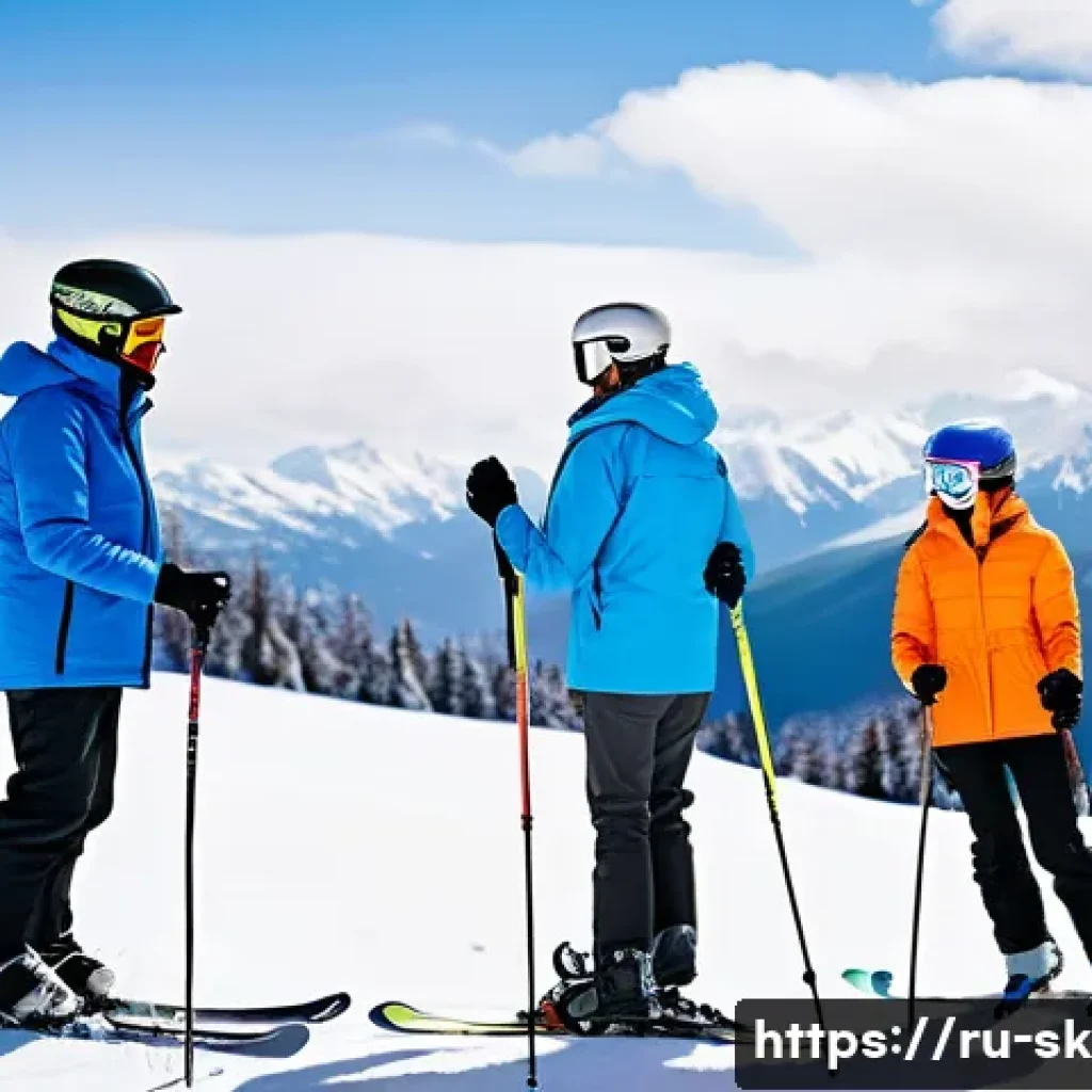 스키 강사의 비즈니스 전략 설계 - A professional ski instructor teaching a diverse group of adult students on a snowy mountain slope d...