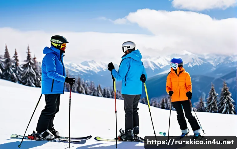 스키 강사의 비즈니스 전략 설계 - A professional ski instructor teaching a diverse group of adult students on a snowy mountain slope d...
