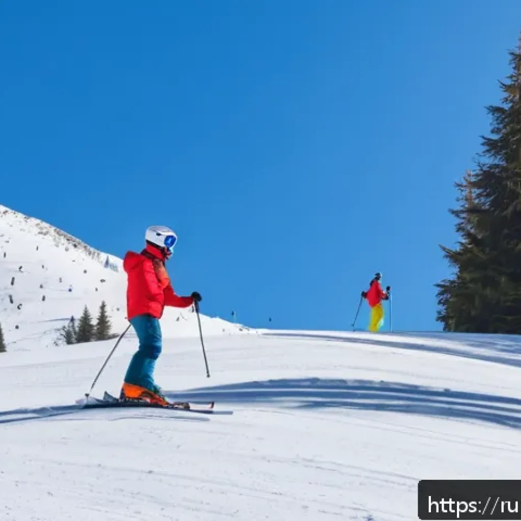 스키 강사의 실전 강의 팁 - A detailed scene of a beginner skier standing on a gentle snow-covered slope at a ski resort in Russ...