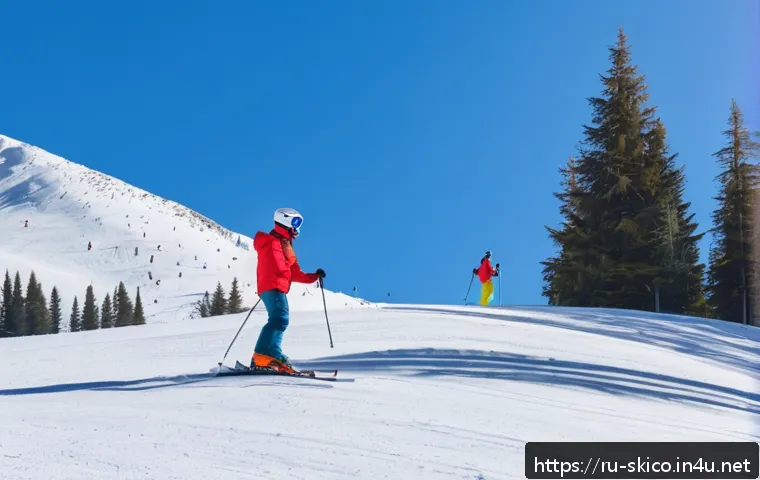 스키 강사의 실전 강의 팁 - A detailed scene of a beginner skier standing on a gentle snow-covered slope at a ski resort in Russ...