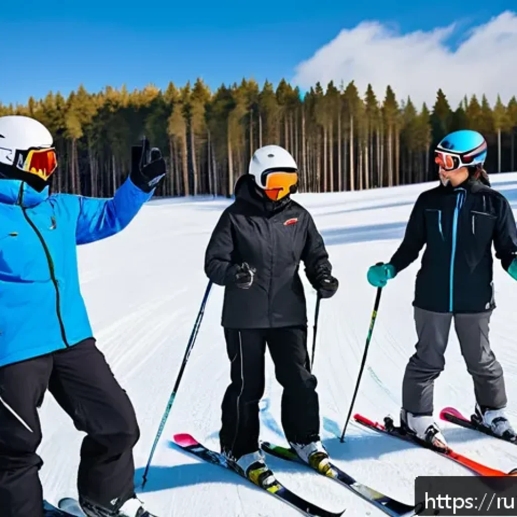 스키 강사의 커리어 패스 설계 - A professional ski instructor teaching a mixed group of adult beginners on a snowy mountain slope in...
