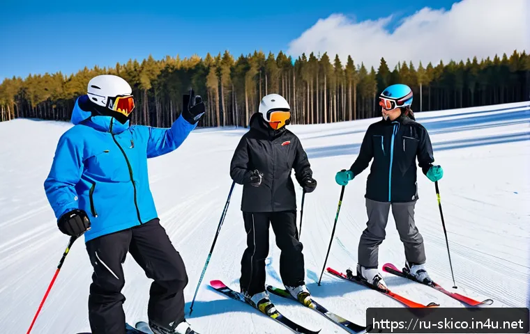스키 강사의 커리어 패스 설계 - A professional ski instructor teaching a mixed group of adult beginners on a snowy mountain slope in...