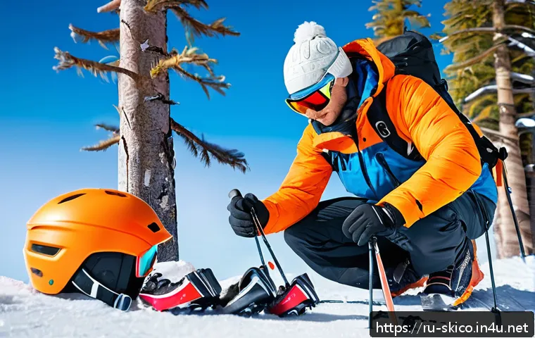 스키 강사의 안전사고 경험담 - A detailed winter mountain ski scene featuring a group of skiers preparing for the day: one skier ca...