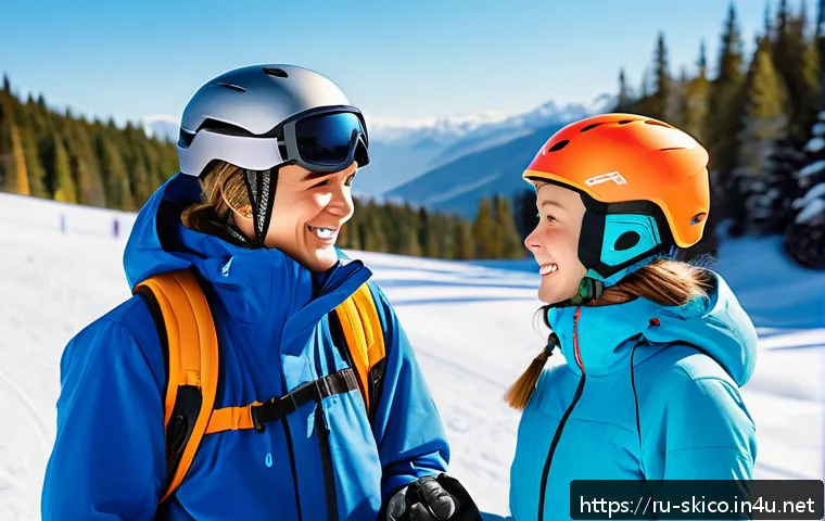 스키 강사의 고객과의 신뢰 관계 강화 - A friendly ski instructor and a beginner student standing together on a snowy mountain slope, warmly...