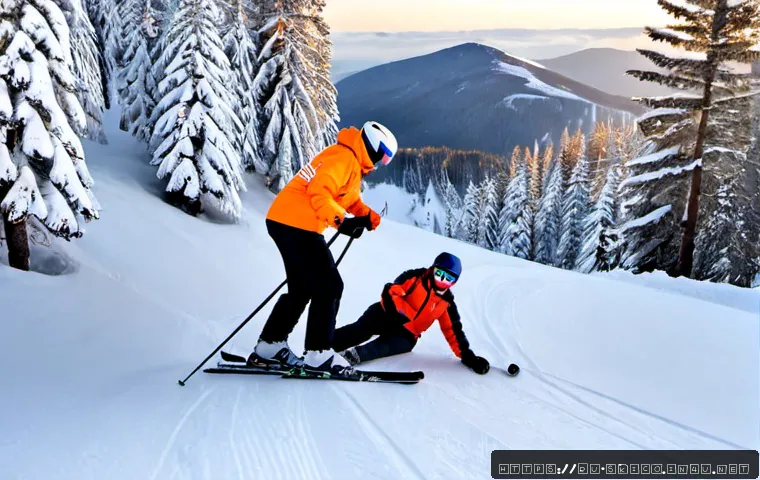 스키 강사의 실수와 대처 사례 - Photorealistic Russian ski resort beginner slope, a ski instructor calmly helping an adult learner w...