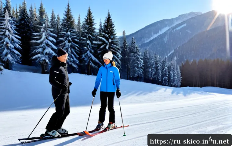 Home 30 스키 강사의 고객 중심 강의 기법 - Photorealistic winter ski lesson at a Russian mountain resort, attentive ski instructor warmly liste...